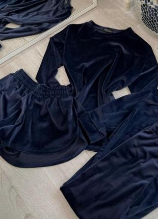 Плюшевый теплый комплект тройка кофта штаны шорты, плюшевая пижама, домашний костюм