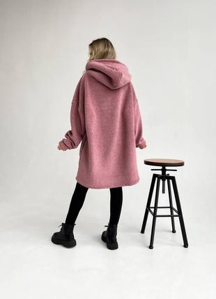 Стильное удлиненное худи oversize с двойным капюшоном, мех тедди, цвет: зеленый, черный, розовый, оранжевый, размер: 42-44, 46-484 фото