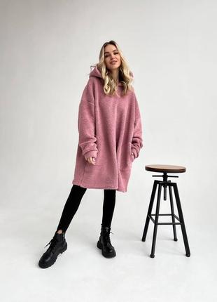 Стильное удлиненное худи oversize с двойным капюшоном, мех тедди, цвет: зеленый, черный, розовый, оранжевый, размер: 42-44, 46-486 фото