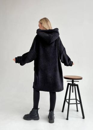 Стильное удлиненное худи oversize с двойным капюшоном, мех тедди, цвет: зеленый, черный, розовый, оранжевый, размер: 42-44, 46-483 фото