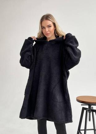 Стильное удлиненное худи oversize с двойным капюшоном, мех тедди, цвет: зеленый, черный, розовый, оранжевый, размер: 42-44, 46-489 фото