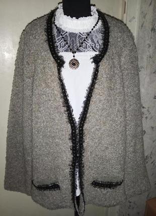 Шерсть-13%,трикотажной вязки,букле,бежевый жакет-пиджак-кардиган с карманами,большого размера5 фото
