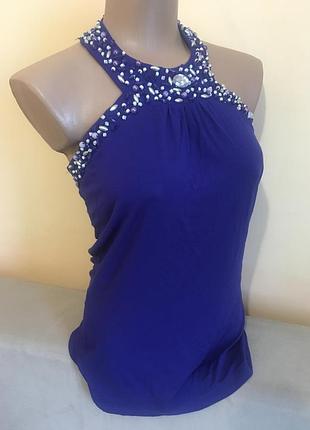 Синя блуза маєчка з бісером та оголеною спинкою