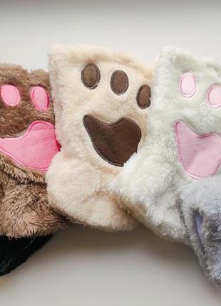Милые теплые плюшевые перчатки митенки кошачьи лапки с открытыми пальцами как zara5 фото