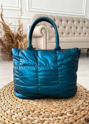 Голубая женская стильная вместительная стеганая сумка - шоппер