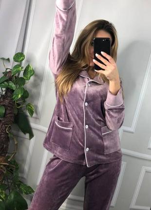 Лиловый плюшевый костюм домашний пижама штаны и рубашка3 фото