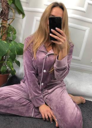 Лиловый плюшевый костюм домашний пижама штаны и рубашка2 фото