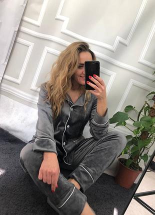 Домашній костюм піжама велюрова сіра штани та сорочка2 фото