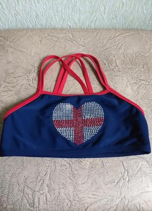 Топ со стразами. топик с сердцем. лиф. верх купальника. синий, красный.
