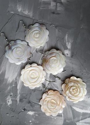 Жемчужные серьги перламутр натуральный розы цветы резные