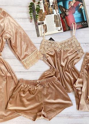 Універсальний домашній велюровий комплект 4ка піжама: шорти, штани, майка та халат