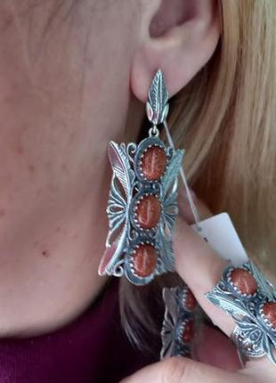 Серебряные  серьги с авантюрином "золотой песок"