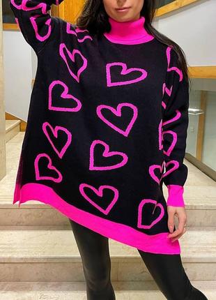 Свитер платье туника вязаный теплый с сердечками черный зелёный розовый бежевый с воротником хомутом под горлышко кардиган кофта2 фото