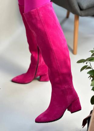 Ексклюзивні чоботи з натуральної італійської шкіри та замші жіночі фуксія на підборах рожеві