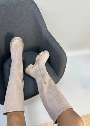 Ексклюзивні чоботи труби з натуральної італійської шкіри та замші жіночі бежеві3 фото