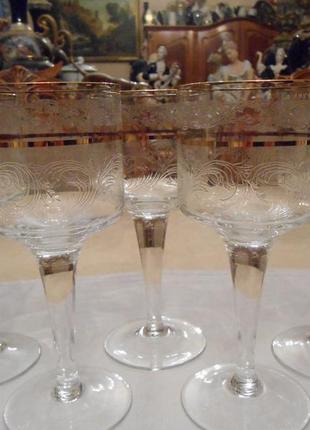 Шикарные бокалы фужеры - 5 шт резьба позолота хрусталь богемия чехословакия №ст117