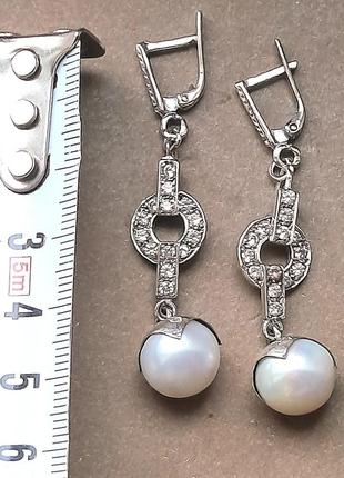 Ексклюзивні дизайнерські срібні 925 сережки з натуральними перлами та фіанітами7 фото