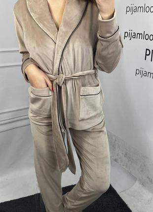 Бежевый плюшевый велюровый королевский домашний костюм пижама6 фото