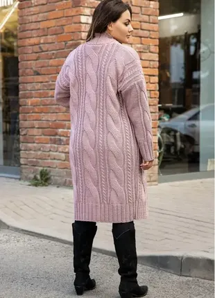 Розовый длинный натуральный вязаный кардиган шерсть оверсайз пушистая кофта трикотажная по колено2 фото