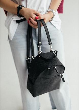 Шкіряний рюкзак-трансформер з крокодила, чорний рюкзак, сумка рюкзак з натуральної шкіри