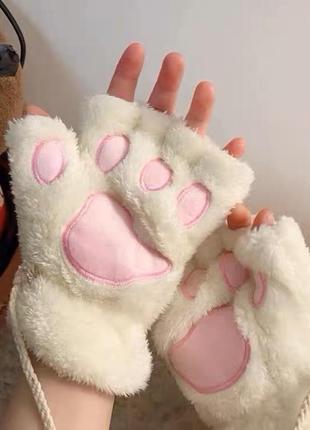 Рукавички лапки котика  варежки перчатки митенки без пальцев из искусственного меха коричневые бежевые молочные2 фото