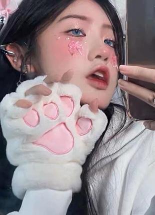 Рукавички лапки котика  варежки перчатки митенки без пальцев из искусственного меха коричневые бежевые молочные