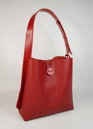 Сумка шоппер женская кожаная, красная матовая с плетенкой 17572 фото