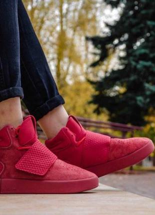 Женские кроссовки adidas negro tubular invader full red (без меха) / smb