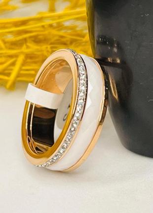 Керамическое кольцо женское белое с камнями1 фото