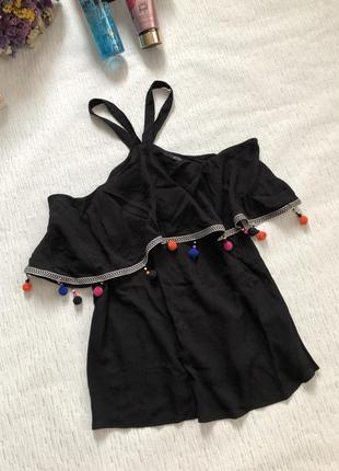 Красивый черный топ - блуза с разноцветными бубонами s-m1 фото