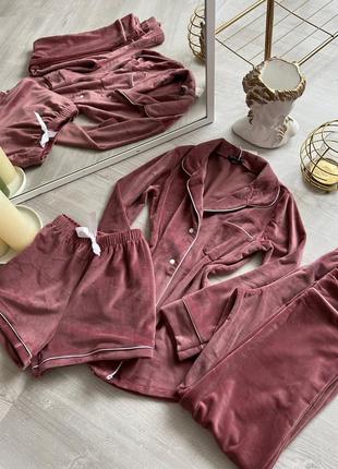 Піжама трійка плюш велюр на ґудзиках сорочка рожева шорти штани костюм для дому та сну пижама рубашка штаны