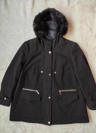 Черное длинное короткое теплое пальто деми с капюшоном на молнии на замке с мехом батал большого раз