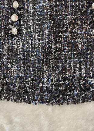Черная блестящая короткая твидовая юбка мини с серебристыми пуговицами с карманами теплая zara6 фото
