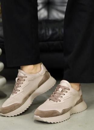Стильные кроссовки кожаные бежевые/коричневые деми,демисезонные осенние,весенние (осень-весна 2022-2023),удобные,комфортные,мягкие