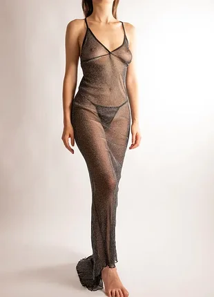 Платье в пол с люрексовой ниткой и стрингами,макси длина,сеточка,полупрозрачное