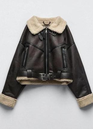 Коричневая дубленка овчина в стиле zara