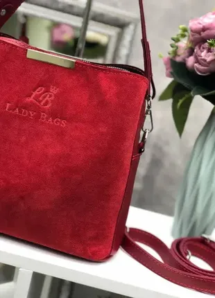 Красная - натуральный замш - сумка lady bags на три отделения с двумя съемными ремнями2 фото