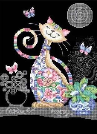 Схема для вышивки бисером  мечтательный кот  веселый кот частичная вышивка заготовка 29,5 х 39 см