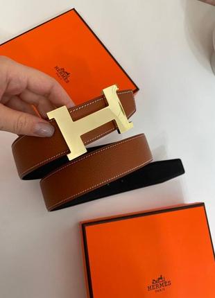 Ремень hermes коричневый с золотой пряжкой