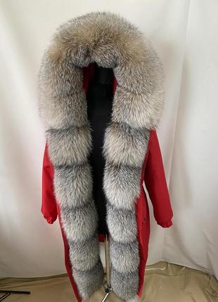 Женская зимняя красная парка, куртка с натуральным мехом блюфрост максимум в золотистой расцветке, 42-60 размера