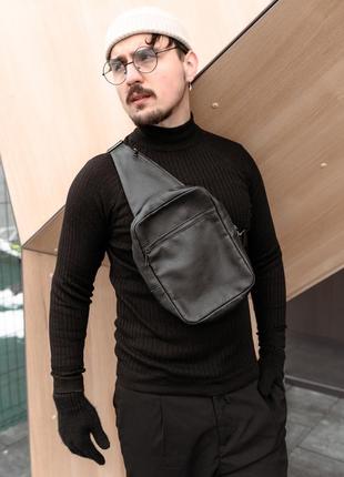 Мужской черный слинг из натуральной кожи, качественная вместительная сумка через плечо.