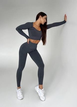Бесшовный пуш-ап фитнес костюм рубчик, комплект для спорта топмз длинными рукавами и...