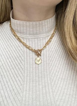 Золотистый кулон, кулон монетка, цепочка