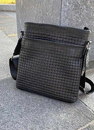 Чоловіча шкіряна сумка-планшетка плетена чорна, сумка-планшетка на плече натуральна шкіра1 фото