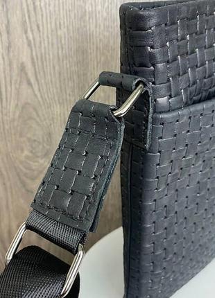 Мужская кожаная сумка-планшетка плетеная черная, сумка-планшетка на плечо натуральная кожа5 фото