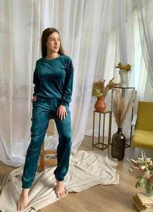 Натуральний велюровий прогулянковий/домашній смарагд костюм, кофта та штани xs-l