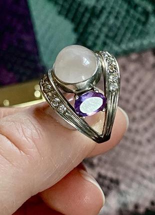 Серебряное кольцо 925 пробы с натуральным розовым кварцем,аметистами.размер 17,52 фото