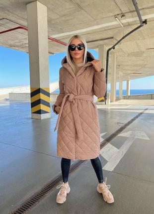 Женское пальто с поясом стеганое теплое демисезонное черное коричневое мокко