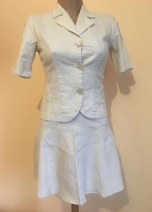 Бежевий костюм юбка клеш пиджак льон з люрексом