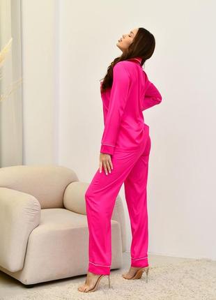 Яркая розовая шелковая пижама шелковый домашний пижамный костюм комплект3 фото